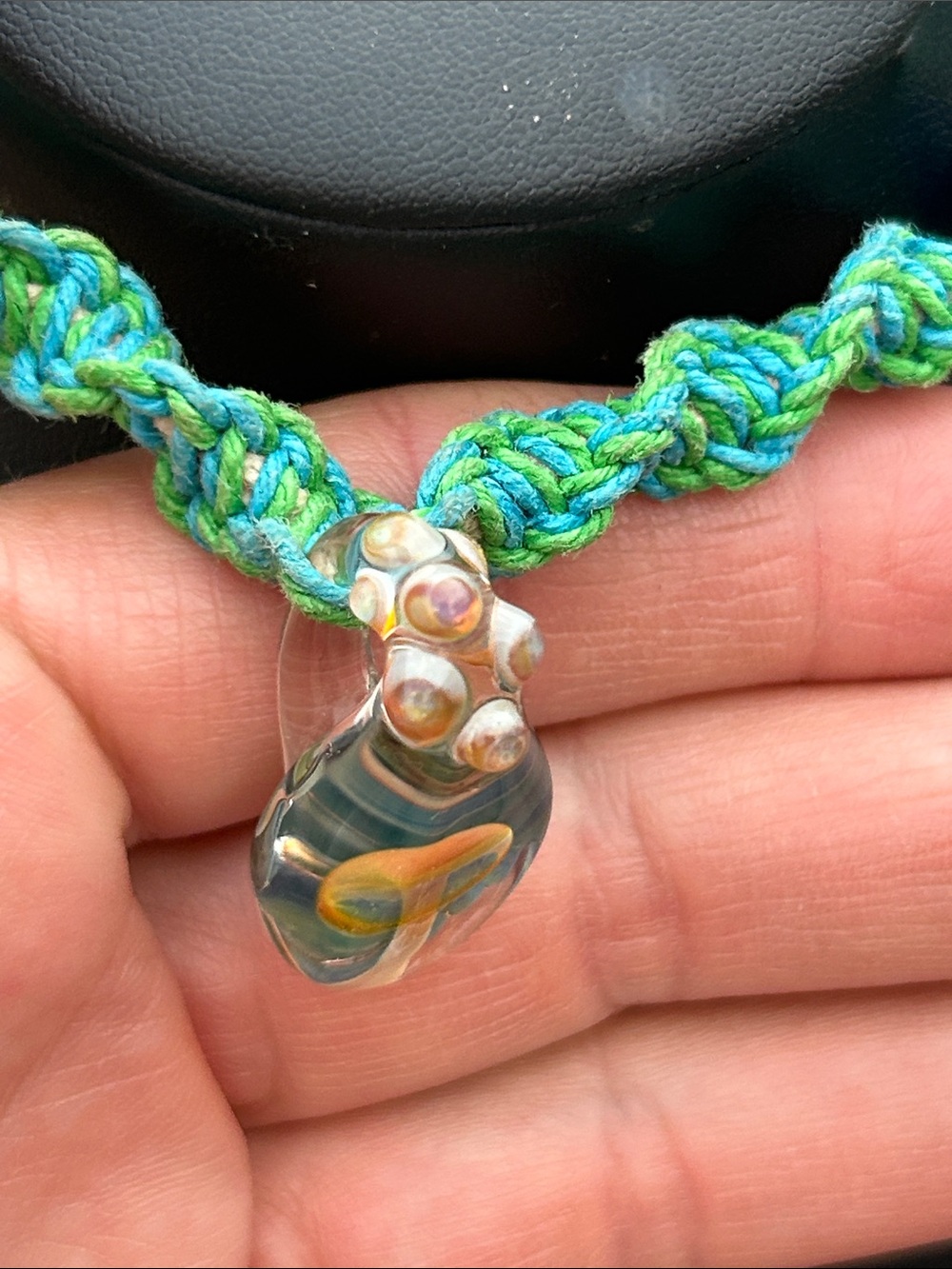 Blue Hemp Necklace, Glass Mushroom Handblown Pendant, Boho Choker - Picture 4 of 10